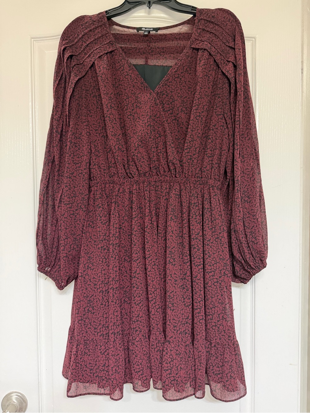 Madewell Wrap Dress L Burgundy Black Ditsy Floral Fall Balloon Sleeve Mini